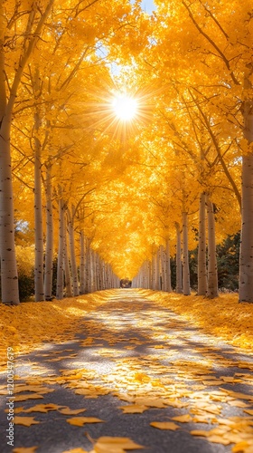 Golden autumn leaves lining a serene pathway under a bright sun. photo