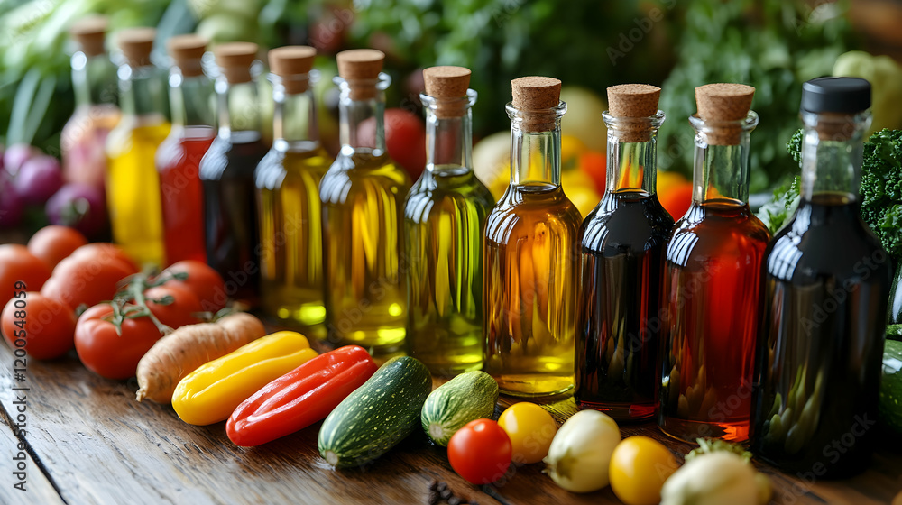 Assortment of Cooking Oils and Vinegars with Fresh Vegetables, cooking vinegar, olive oil, balsamic vinegar, vegetable oil, bottles Assortment of Cooking Oils and Vinegars with Fresh Vegetables, cooking vinegar, olive oil, balsamic vinegar, vegetable oil, bottles