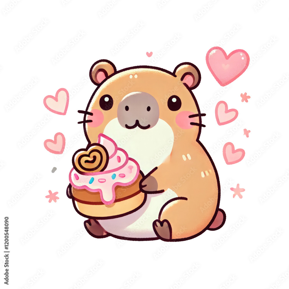 A cute cartoon animal joyfully holding a decorated cake, surrounded by hearts. A cute cartoon animal joyfully holding a decorated cake, surrounded by hearts.
