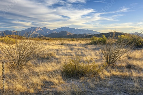 Serene Desert Landscape with Golden Grass and Majestic Mountains Under a Dramatic Sky in the Late Afternoon at Big Bend National Park in Texas