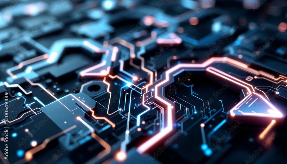 Circuit board with glowing lines. Concept of technology, computing, and artificial intelligence. Circuit board with glowing lines. Concept of technology, computing, and artificial intelligence.