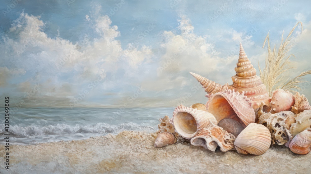 artistic beach scene painting with seashells, starfish, sandy shore, blue ocean waves, and serene sky in vibrant watercolor style. artistic beach scene painting with seashells, starfish, sandy shore, blue ocean waves, and serene sky in vibrant watercolor style.
