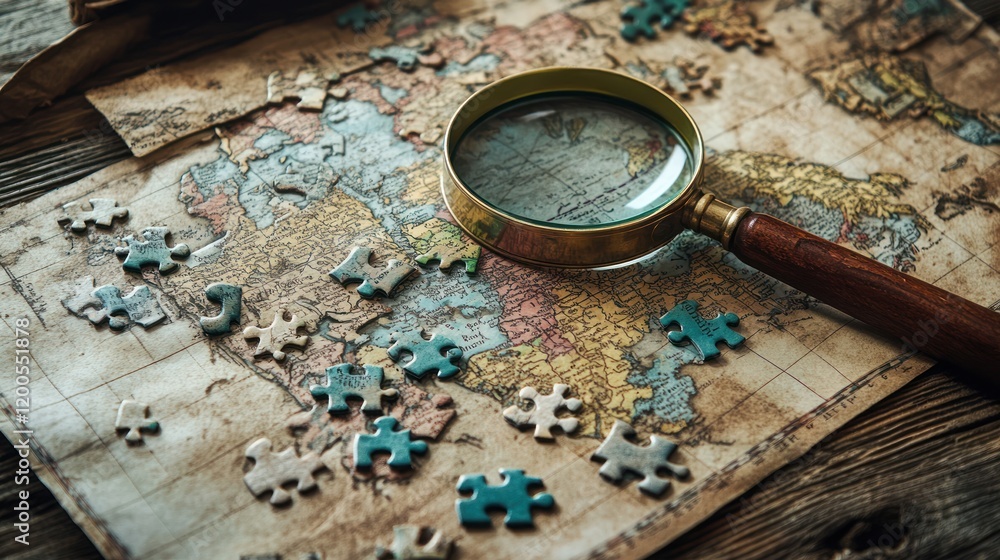 Antique World Map Puzzle with Magnifying Glass: Unveiling Geographic Mysteries Antique World Map Puzzle with Magnifying Glass: Unveiling Geographic Mysteries