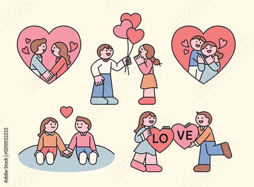 Cute couples holding hearts and expressing their love. Romantic illustration for Valentine's Day.