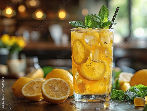 Iced lemon tea in cafe, refreshing drink, summer photo