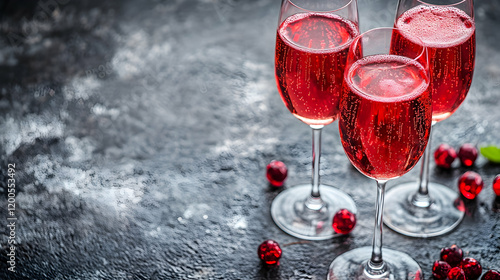 A pair of red wine glasses reflecting light on a transparent surface photo