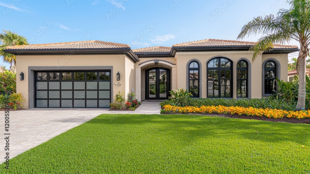 A spacious Florida home with a beige stucco exterior, black-framed doors, and a soft gray garage A spacious Florida home with a beige stucco exterior, black-framed doors, and a soft gray garage