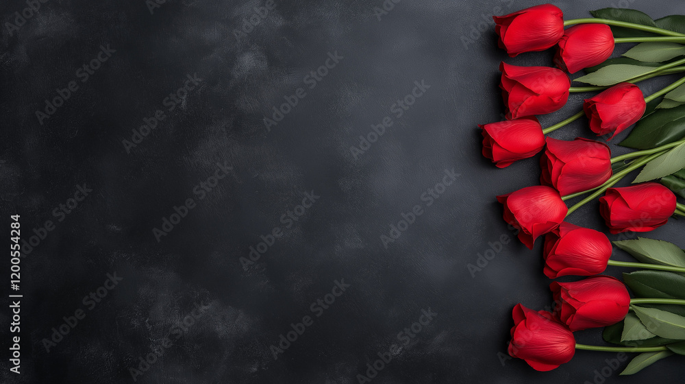 Red Roses on Dark Background: A row of vibrant red roses elegantly arranged on a dark textured surface, creating a dramatic and romantic contrast. Perfect for Valentine's Day. Red Roses on Dark Background: A row of vibrant red roses elegantly arranged on a dark textured surface, creating a dramatic and romantic contrast. Perfect for Valentine's Day.
