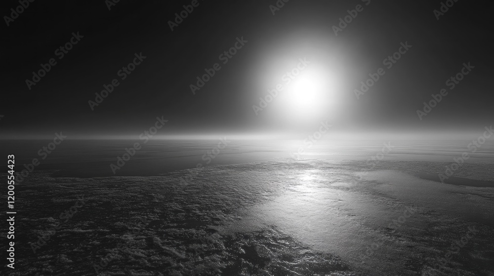 A monochromatic view of a sunlit horizon over a cloud-covered landscape. A monochromatic view of a sunlit horizon over a cloud-covered landscape.