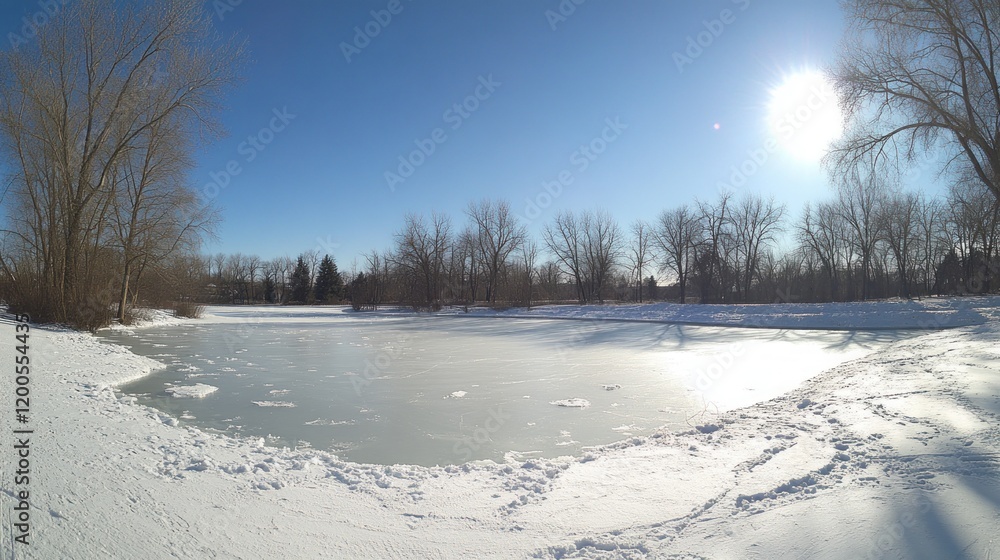 A serene winter landscape with a frozen pond and snow-covered banks under a clear blue sky. A serene winter landscape with a frozen pond and snow-covered banks under a clear blue sky.