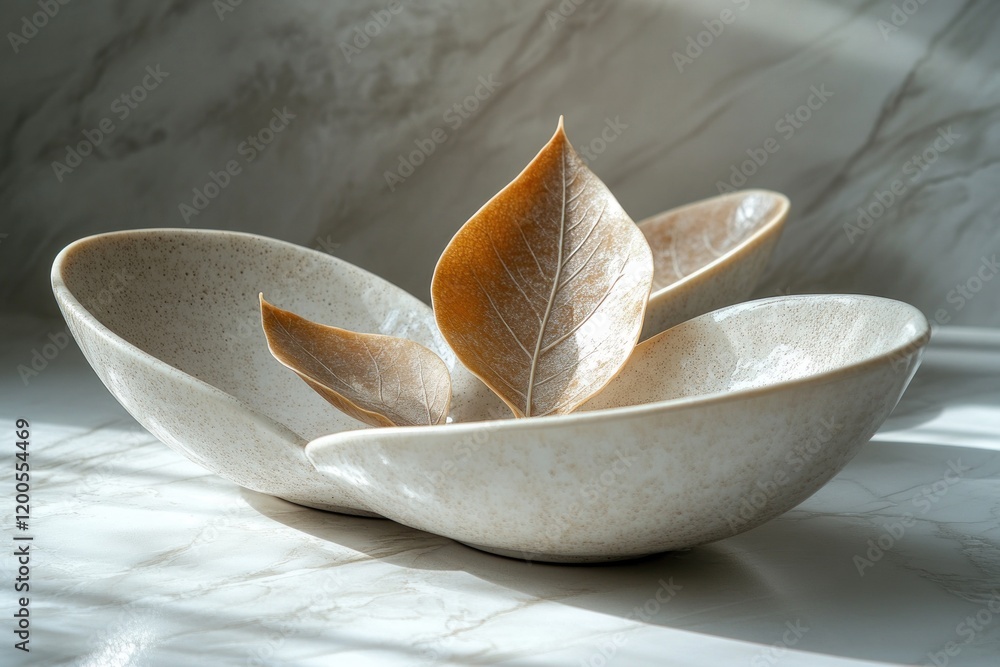 Minimalist Leaf-Shaped Ceramic Plates on Beige Marble Background for Elegant Interior Decor Design Minimalist Leaf-Shaped Ceramic Plates on Beige Marble Background for Elegant Interior Decor Design