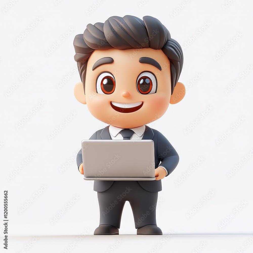 Adorable 3D Cartoon Businessman Holding Laptop,Smiling,Happy,Positive,Work,Office,Success,Technology Adorable 3D Cartoon Businessman Holding Laptop,Smiling,Happy,Positive,Work,Office,Success,Technology