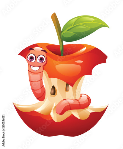 Cute worm peeking from a bitten apple core with seeds and leaf on top. Vector cartoon illustration