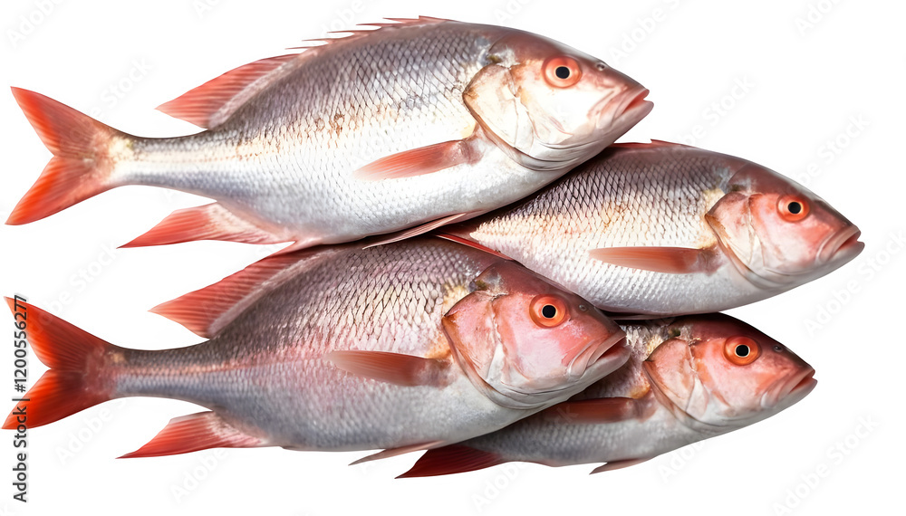 A collection of snapper fish and vibrant leaves, arranged together on a plain white background. A collection of snapper fish and vibrant leaves, arranged together on a plain white background.