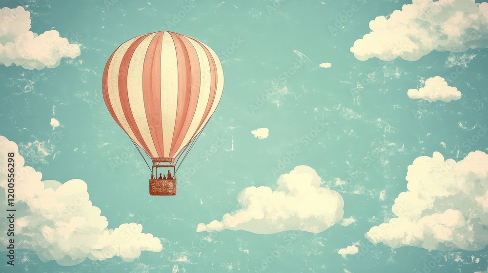 Naklejka premium A Striped Hot Air Balloon Soaring Through Fluffy Clouds