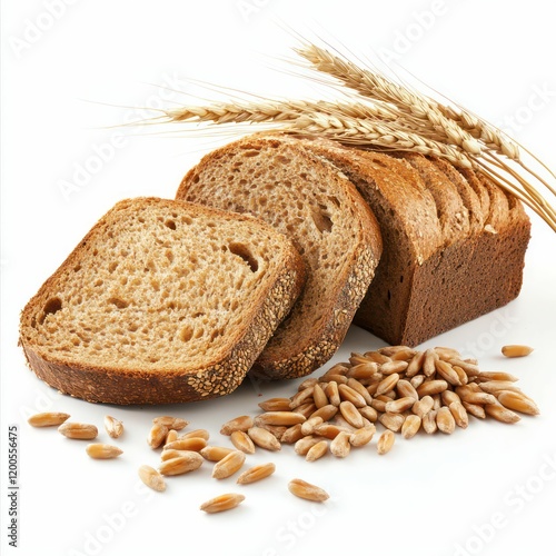 a freshly sliced loaf of whole wheat bread surrounded by wheat stalks and grains, showcasing natural and wholesome goodness. photo