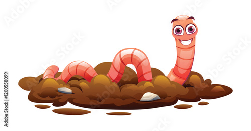 Cute worm crawling through soil with small rocks, cheerful and lively. Vector cartoon illustration