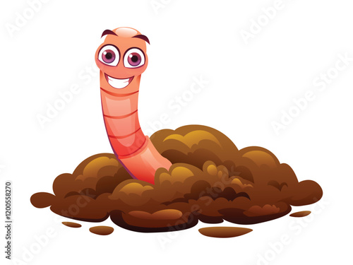 Worm peeking from a mound of soil, cheerful and cute. Vector cartoon illustration