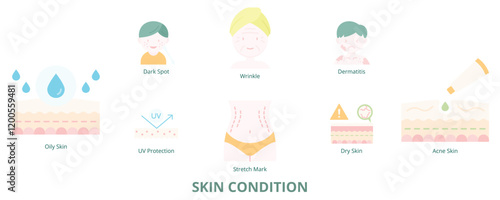 Skin Condition Flat Banner Web Icon Set Vector Illustration, Dry Skin Acne Skin Oily Skin UV Protection Stretch Mark Dark Spot Dermatitis