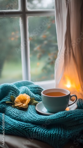 Cozy scene with a cup of tea and a yellow flower by the window.