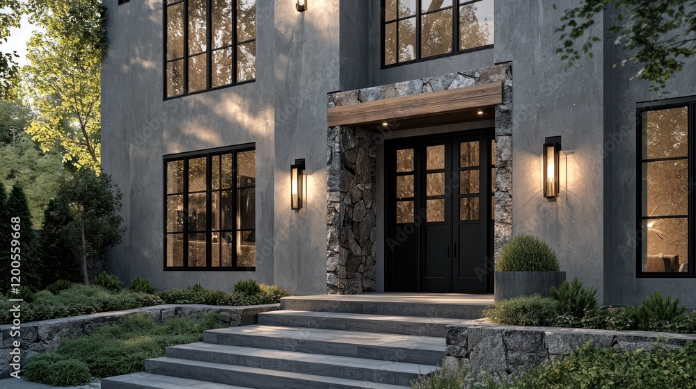Fototapeta premium A striking modern residence with gray stucco walls, black windows, and rugged stone accents