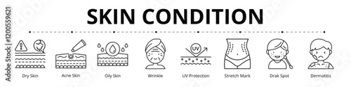 Skin Condition Line Banner Web Icon Set Vector Illustration, Dry Skin Acne Skin Oily Skin UV Protection Stretch Mark Dark Spot Dermatitis