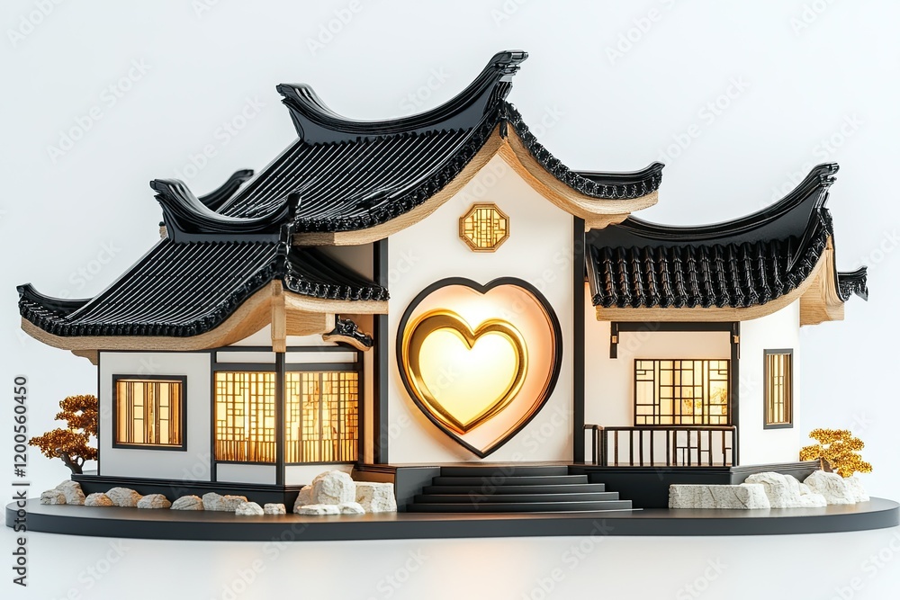 Fototapeta premium Illuminated Asian Style House with Heart Shaped Window