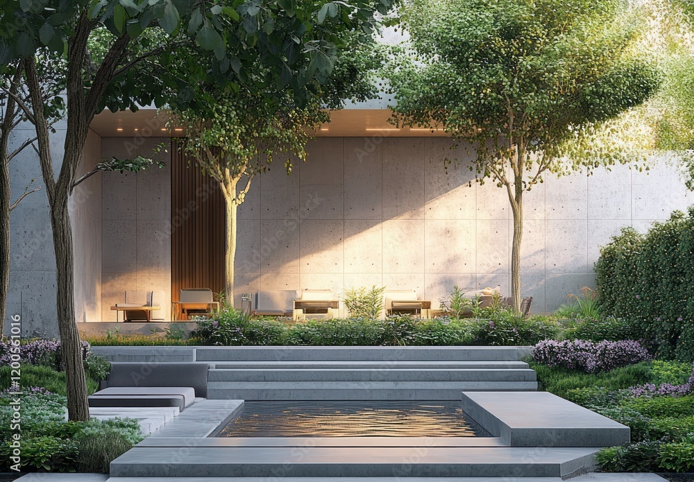 Fototapeta premium Modern Minimalist Garden with Concrete Walls and Lush Greenery