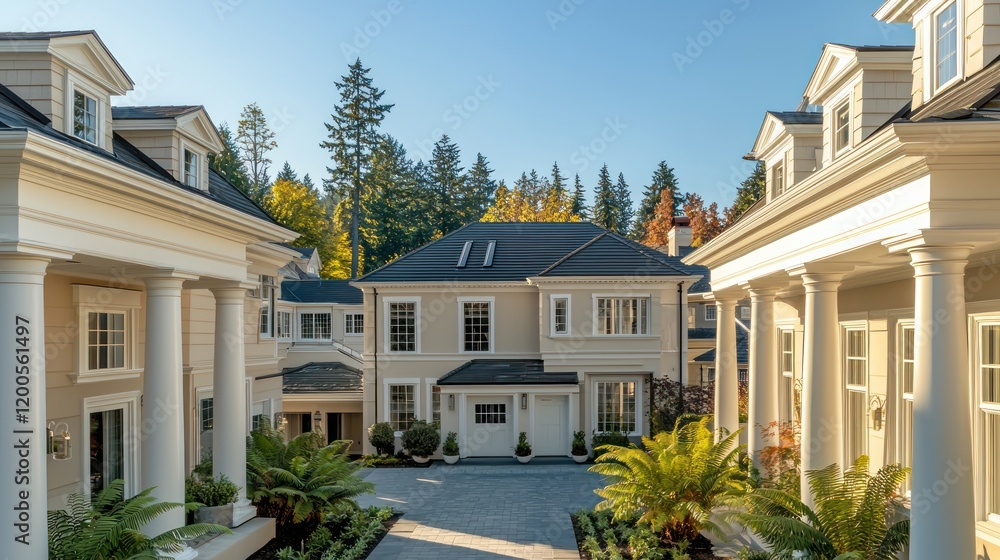 A stunning home with creamy walls, expansive windows, and detailed white columns at each entrance A stunning home with creamy walls, expansive windows, and detailed white columns at each entrance