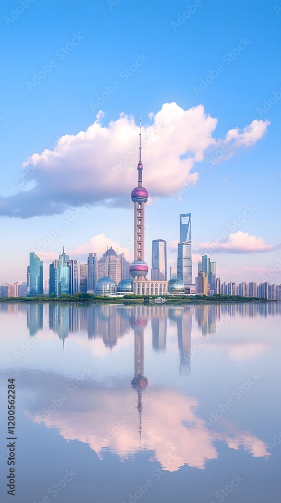Naklejka premium A stunning view of Shanghai's skyline reflecting on the water under a blue sky.