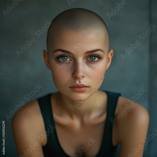 a striking portrait of a bald woman with captivating green eyes, showcasing natural beauty, confidence, and simplicity in a minimalist style. photo