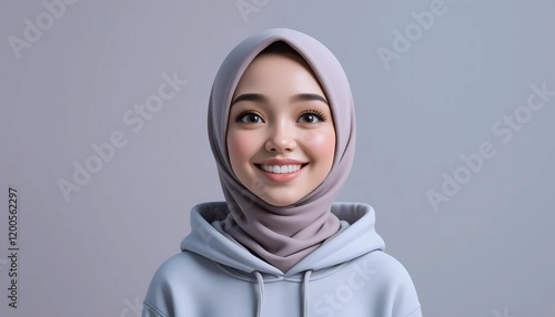 3D Claymorphism Illustration of a  Woman in Hijab with Radiant Smile in White Hoodie on Plain Background photo