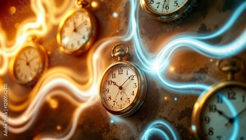 Time concept. Antique pocket watches with glowing magical trails, symbolizing the flow of time. photo