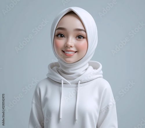 3D Claymorphism Illustration of a  Woman in Hijab with Radiant Smile in White Hoodie on Plain Background photo