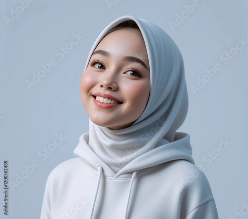 3D Claymorphism Illustration of a  Woman in Hijab with Radiant Smile in White Hoodie on Plain Background photo