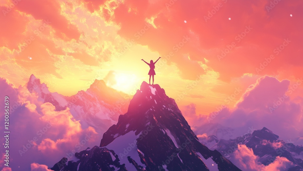 The image shows a woman standing atop a mountain peak at sunrise, with her arms raised in triumph. The expansive sky symbolizes limitless potential The image shows a woman standing atop a mountain peak at sunrise, with her arms raised in triumph. The expansive sky symbolizes limitless potential