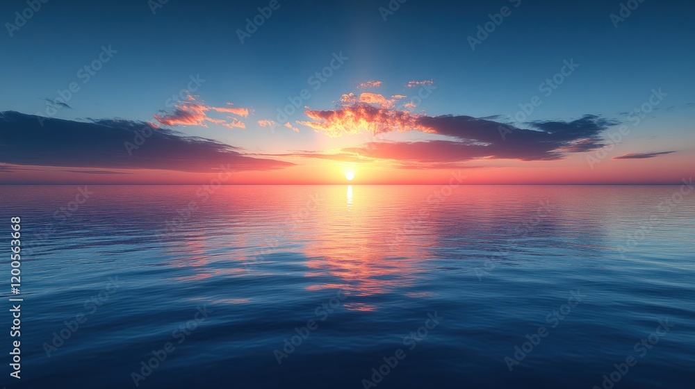 Fototapeta premium Ocean sunset, calm waters, vibrant sky, peaceful scene