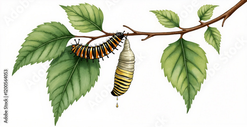 Monarch caterpillar and chrysalis on a green leafy branch illustrating the transformation process.
