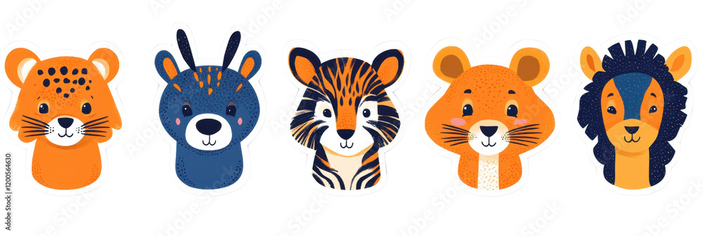 Fototapeta premium Cute cartoon animal stickers featuring leopard, deer, tiger, lion, and bear, perfect for adding playful touch to any project