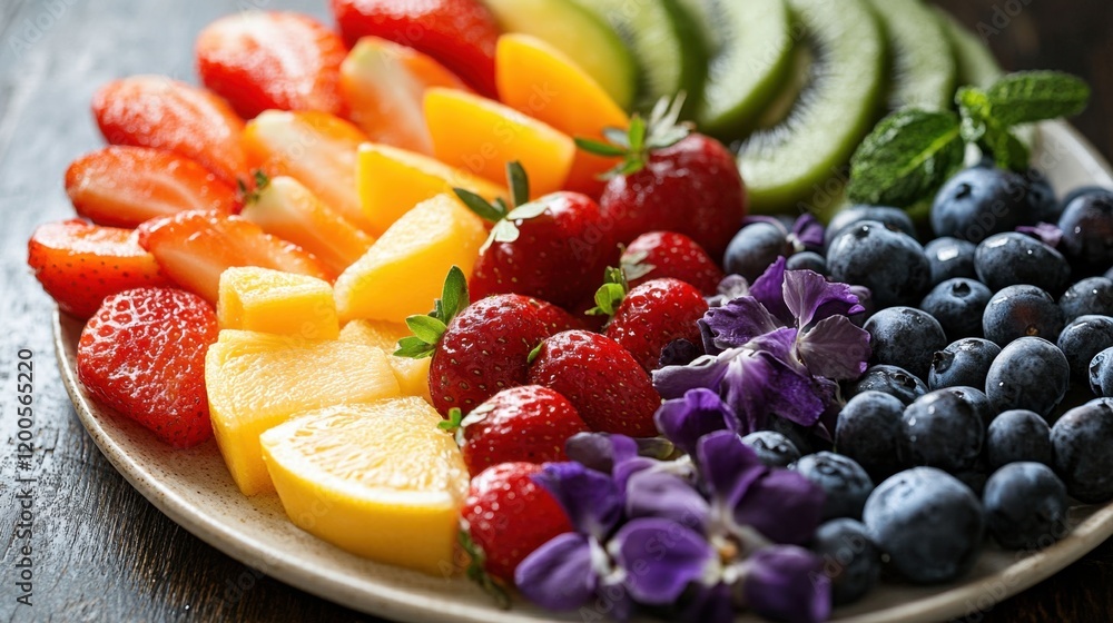 Colorful Fresh Fruit Platter with Berries and Tropical Delights Colorful Fresh Fruit Platter with Berries and Tropical Delights
