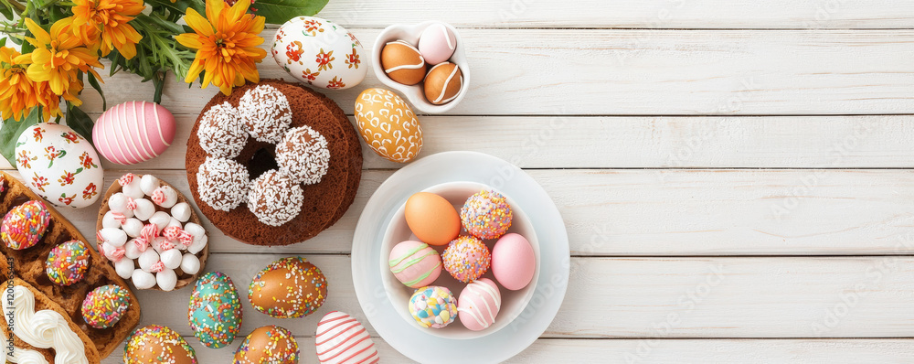 A beautifully arranged display of colorful Easter eggs, sweet treats, and bright flowers on a rustic wooden table, celebrating springtime festivities. A beautifully arranged display of colorful Easter eggs, sweet treats, and bright flowers on a rustic wooden table, celebrating springtime festivities.