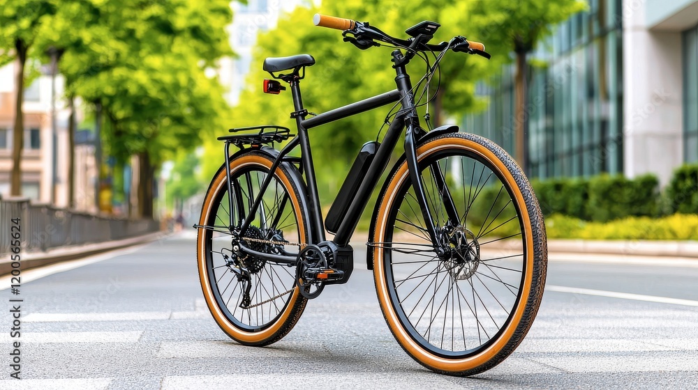 Fototapeta premium Stylish Black Electric Bicycle on Paved Urban Street in Daylight