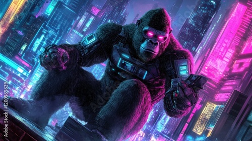 A cybernetic gorilla in a neon-lit cityscape, showcasing futuristic themes and vibrant colors. photo