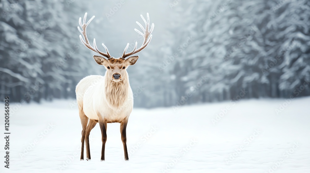 A majestic deer stands in a snowy landscape, surrounded by a serene forest, showcasing its impressive antlers against a tranquil winter backdrop. A majestic deer stands in a snowy landscape, surrounded by a serene forest, showcasing its impressive antlers against a tranquil winter backdrop.