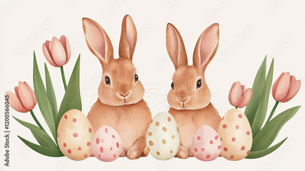 Obraz premium Two cute rabbits sit among colorful, decorated eggs and tulips, creating a cheerful spring scene.