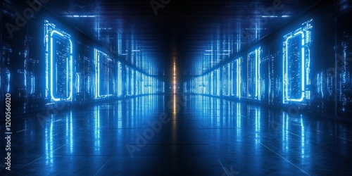 Fototapeta Naklejka Na Ścianę i Meble -  Futuristic Cyberpunk Room Neon Lights Glowing Blue Text High Contrast Shadows 3D Rendering Modern Space Gaming Background