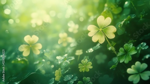 Sunlight filters through shamrocks in a lush green forest