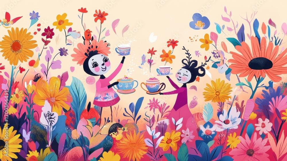 Fototapeta premium Two whimsical characters enjoy tea amidst vibrant flowers