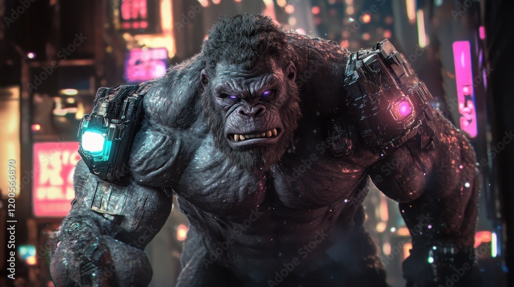 A powerful, muscular creature in a futuristic cityscape, showcasing strength and technology. A powerful, muscular creature in a futuristic cityscape, showcasing strength and technology.