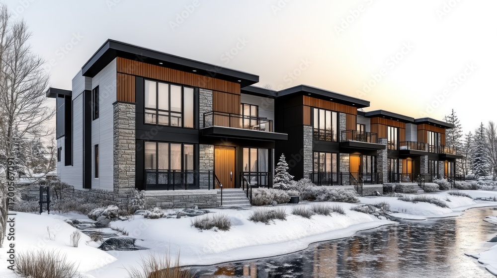 Modern residential buildings by a snowy riverbank at sunset. Modern residential buildings by a snowy riverbank at sunset.